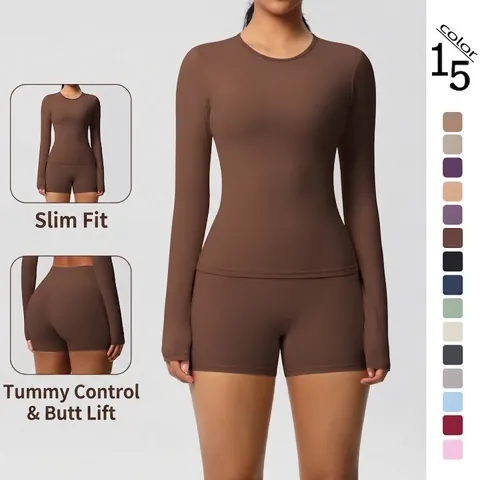 Women Long Sleeve Top And High Waist Shorts Yoga Workout Fitness Nylon Spandex Brushed Slim Fit Thumbhole Solid Color