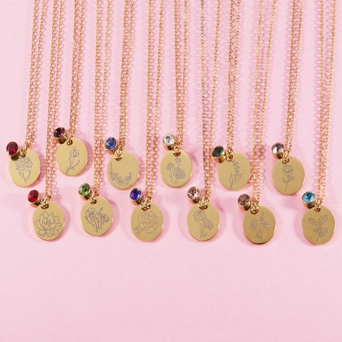 Collar De Acero Inoxidable 304 Flor De Nacimiento Con Piedra De Nacimiento Chapado En Oro 18K Disco Redondo Floral