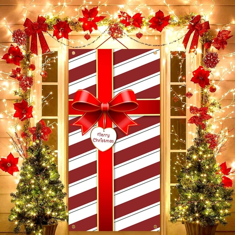 Kerst Deurbanner Rood Wit Gestreept Polyester Vlag Met Strik Merry Christmas Decoratie Voor Buiten Tuin Vakantie Huis
