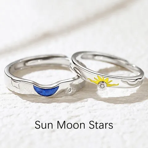 Sun Moon Couple Rings Copper Enamel Cubic Zirconia Adjustable Open Ring Lovers Gift Trendy Jewelry