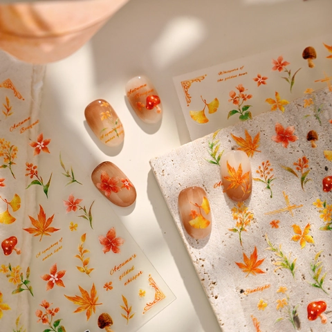 Autocollants De Nail Art Feuilles D Automne Champignon Aquarelle Vintage PET Retro Décalcomanies Décorations Manucure