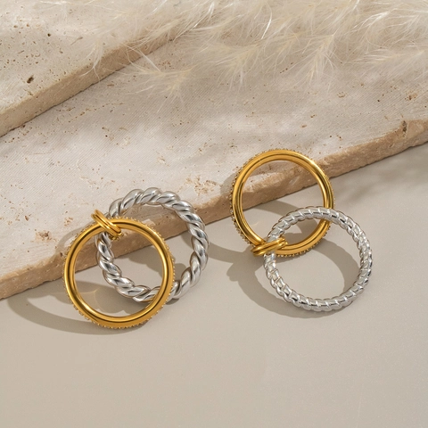Multilayer Stacked Rings Stainless Steel Twisted Cable Cubic Zirconia Geometric Bicolor Jewelry For Women