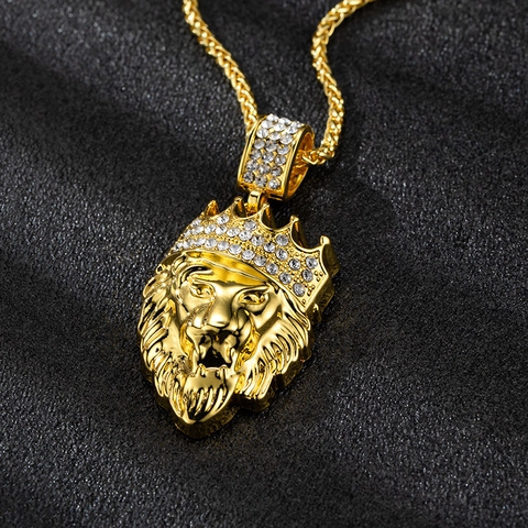 Hip Hop Lion Head Pendant Necklace Alloy With Full Rhinestone Crown Wheat Chain Streetwear For Men Women Trend