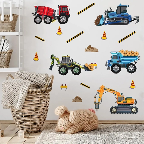 Pegatinas De Pared De Vehículos De Construcción Extraíbles Dibujos Animados Excavadora Calcomanías Para Dormitorio Infantil PVC