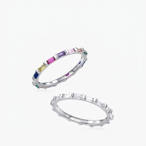 925 Sterlingsilber Regenbogen Ewigkeitsring Baguette-Schliff Bunter Zirkon Geometrischer Stapelring Für Damen