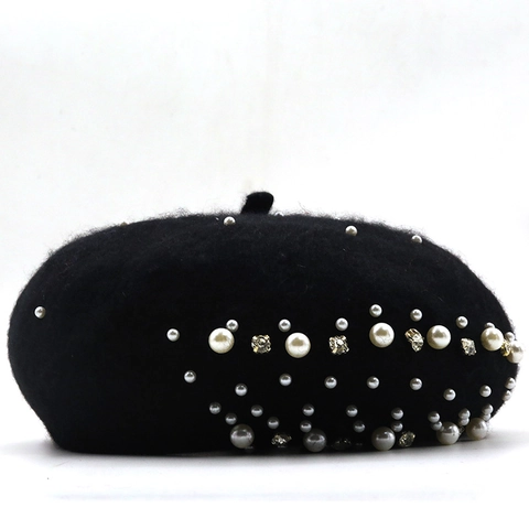 Béret en Tricot de Laine Élégant Style Britannique pour Femmes Avec Perles Artificielles et Strass Chapeau Peintre Chaud Automne Hiver Couleur Unie