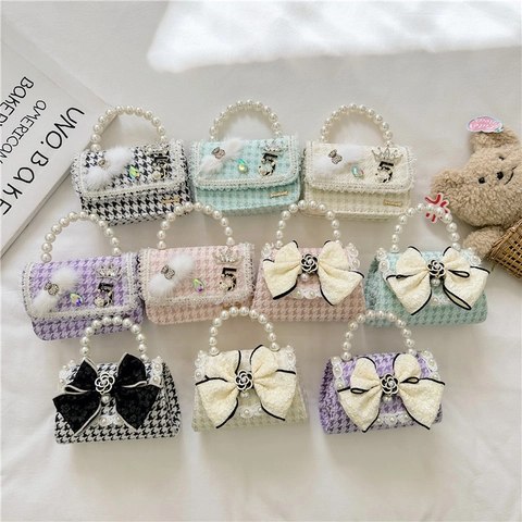 Borsa A Tracolla Mini In Tweed Per Ragazze Con Manico In Künstliche Perle Fiocco Carino Motivo Camelia Borsa A Mano Moda