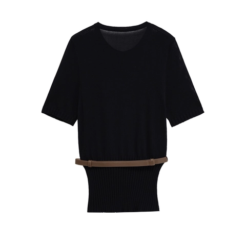 Elegant Women Short Sleeve Knit Cardigan Round Neck Button Front Slim Fit Solid Color With Thin Waist Belt