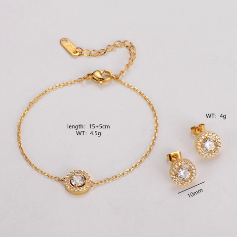 Fashion Round Zircon 304 Stainless Steel Jewelry Set For Women Gold Silver Rose Gold Plated Halo Bracelet And Stud Earrings Elegant Daily Accessories