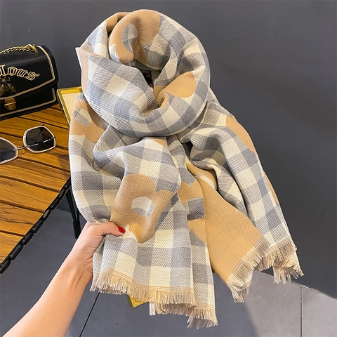 Women Thick Imitation Cashmere Scarf Checkerboard Floral Pattern Winter Warm Shawl With Fringes Jacquard Knitted Scarf Wrap
