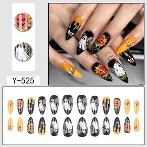 Halloween Press On Nails Long Stiletto Λευκό Φάντασμα Κίτρινο Ηλιοτρόπιο Κολοκύθα Μέλισσα Ζωγραφισμένο Στο Χέρι Πλαστικό DIY