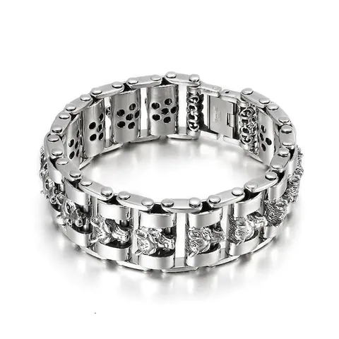 Herren Armband Aus Edelstahl Wolfskopf Relief Robuste Biker Kette Vintage Punk Streetwear Hip Hop Schmuck