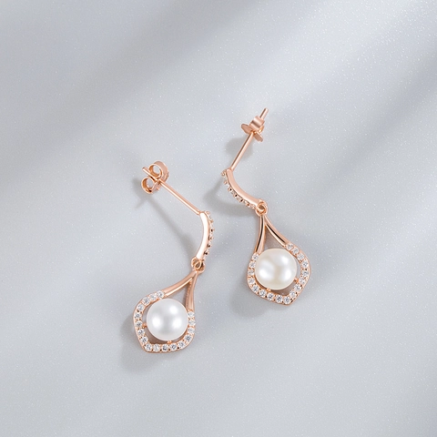 Orecchini in Argento Sterling 925 a Goccia con Perla d'Acqua Dolce per Donna Elegante Intarsiato con Strass Gioielli Regalo