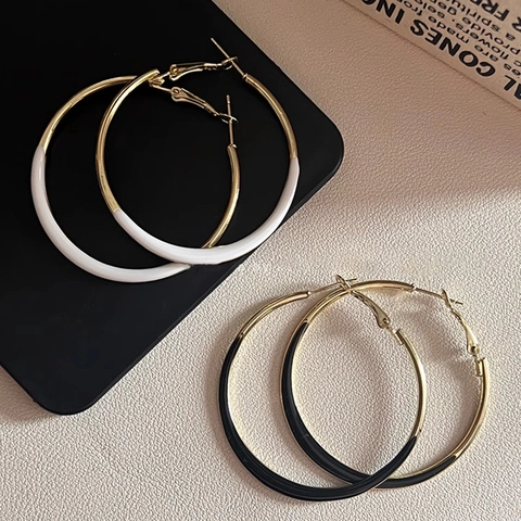 Alloy Emaille Creolen Kontrastfarbe Schwarz Weiß Zweifarbig Geometrisch Groß Minimalistisch Für Frauen