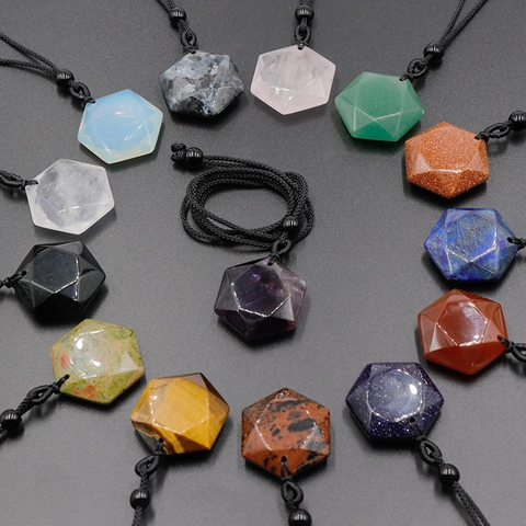 Collana Con Pendente In Pietra Esagonale Cristallo Naturale Ametista Quarzo Rosa Cordino Regolabile Gioielli Geometrici