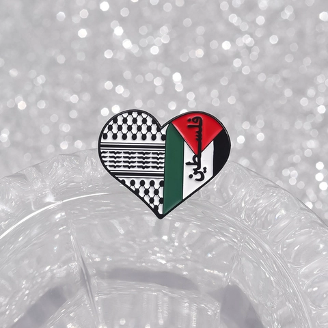 Enamel Pins Brooches Alloy Painted Heart Ribbon Shape Palestine Flag Theme Keffiyeh Pattern Decorative Badge For Clothes Bags