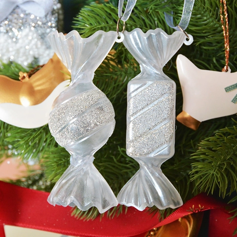 Ornamenti Appesi Per Albero Di Natale A Forma Di Caramella Trasparenti Bianchi Glitter Argento Plastica PS