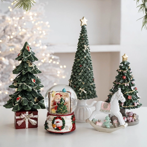 Resin Christmas Tree Rocking Horse Snow House Desktop Ornaments Festive Home Decor Xmas Holiday Atmosphere Decoration Accessories Gift