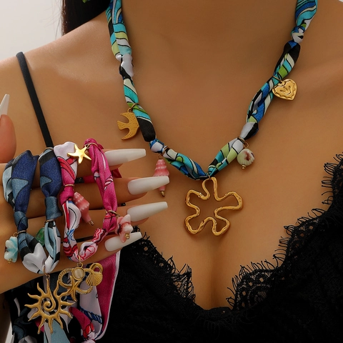 Bohemian 18K Gold Plated Stainless Steel Satin Ribbon Necklace For Women Beach Vacation Marine Sun Starfish Pendant Choker
