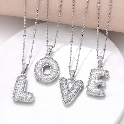 Collana Con Lettera Iniziale Rame Placcato Zircone Strass Bolla 3D Ciondolo Gioielli Di Moda Per Donna Regalo