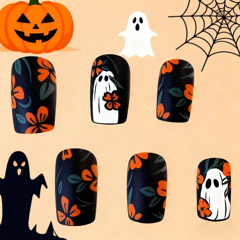 Halloween Press On Nails Matte Black Square Shape Ghost Flower Pattern Wearable False Nails For Women