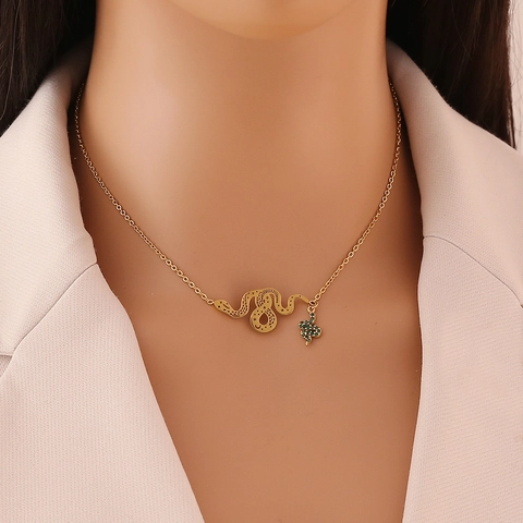 Stainless Steel Gold Snake Pendant Necklace And Bracelet With Green Rhinestone Animal Shape Jewelry For Women