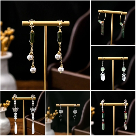 Neo Chinese Style Enamel Drip Oil Faux Jade Beads Tassel Drop Earrings Vintage Butterfly Flower Design Alloy Artificial Pearl Earrings Women Jewelry