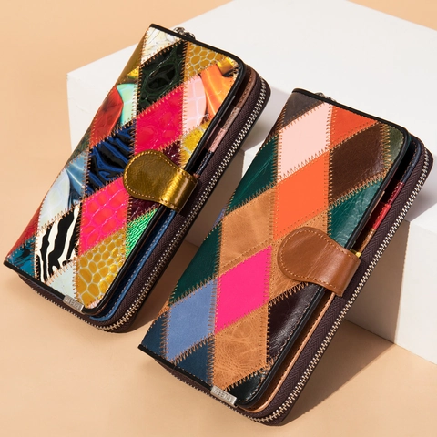 Damen Geldbörse Lang Echtes Rindsleder Patchwork Viele Kartenfächer RFID Schutz Große Kapazität Retro Bunt Clutch