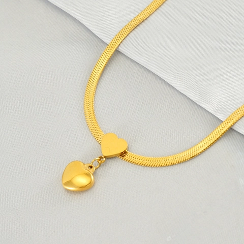 Double Heart Pendant Necklace Stainless Steel 18K Gold Plated Flat Herringbone Snake Chain Minimalist Elegant For Women