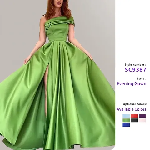 Elegant One Shoulder Satin Evening Dress For Women Sexy Slit High Waist Maxi Prom Gown For Birthday Banquet Formal Party