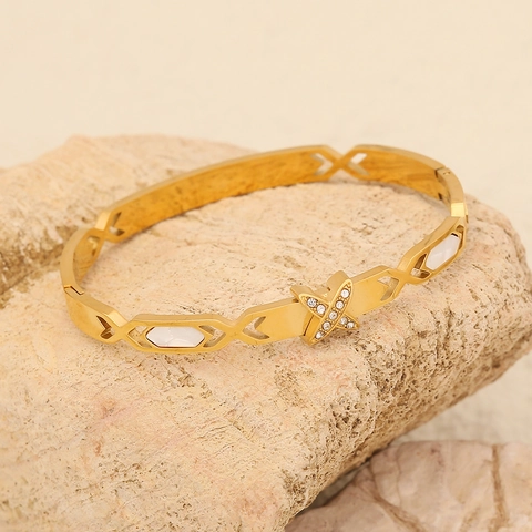 Bracciale Rigido In Acciaio Inossidabile Con Zirconi Braccialetto Con Strass Gioielli Geometrici Di Foglia E Serpente Da Donna