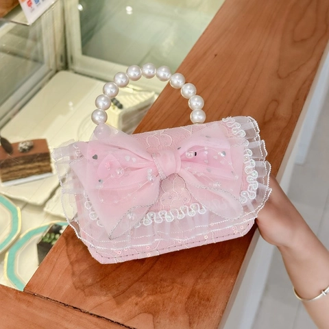 Girls Handbag Kids Crossbody Bag Tweed Lace Artificial Pearl Handle Bowknot Princess Sweet Fashion Party Accessories For Children