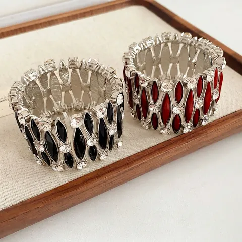 Vintage Wide Elastic Bracelet Luxury Alloy Rhinestone Marquise Resin Geometric Jewelry For Women Gift Accessory