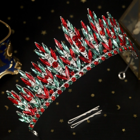 Luxus Weihnachten Rot Grün Strass Tiara Legierung Kristall Blatt Krone Für Damen Party Hochzeit Kopfschmuck