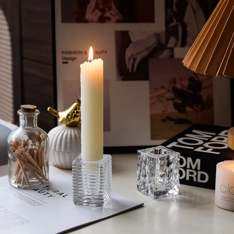 Candeliere In Vetro Nordico Motivo Ghiaccio Trasparente Trama A Coste Portacandela Da Tavolo Decorazione Romantica
