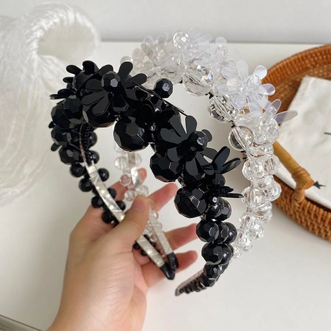 Beaded Flower Headband Acrylic Crystal Dimensional Floral Hair Hoop Korean Style Vintage Hair Accessories For Women Anti-slip