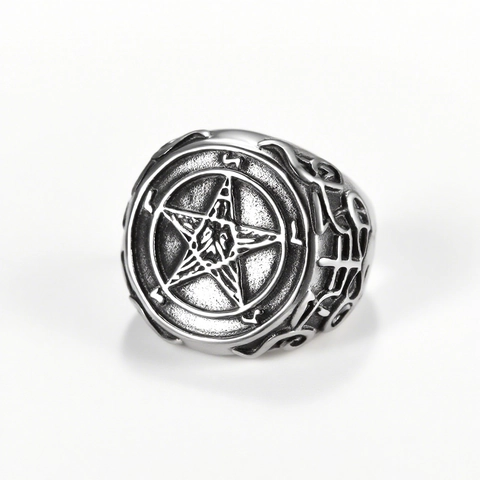 Pentagram Baphomet Signet Ring For Men Stainless Steel Retro Gothic Punk Style Polished Oxidized Silver Color Jewelry