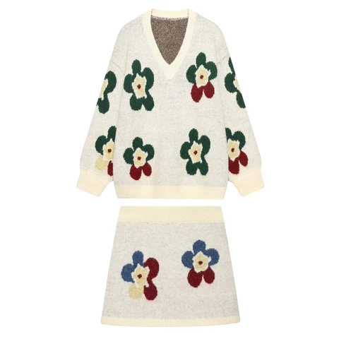 Ensemble Tricot Femme Col En V Manches Longues Pull Jacquard Fleurs Et Mini Jupe Streetwear Rétro