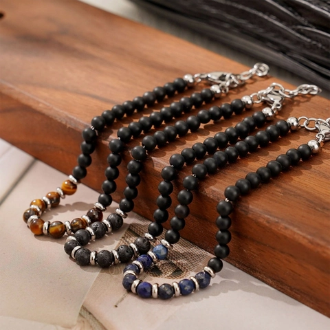 Men Beaded Bracelet Natural Tiger Eye Lapis Lazuli Lava Stone Matte Agate Beads With Stainless Steel Adjustable Chain