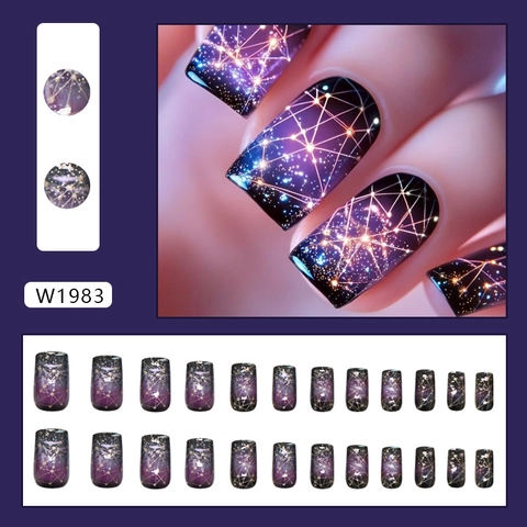 Galaxy Starry Sky Press On Nails Purple Blue Gradient Gold Constellation Geometric Pattern Square Shape ABS Glossy For Women