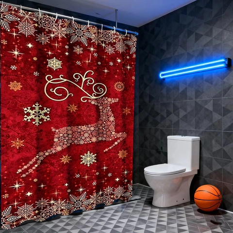 Kerst Douchegordijn Waterdicht Polyester Rood Rendier Sneeuwvlok Patroon Vakantie Badkamer Decor Wasbaar