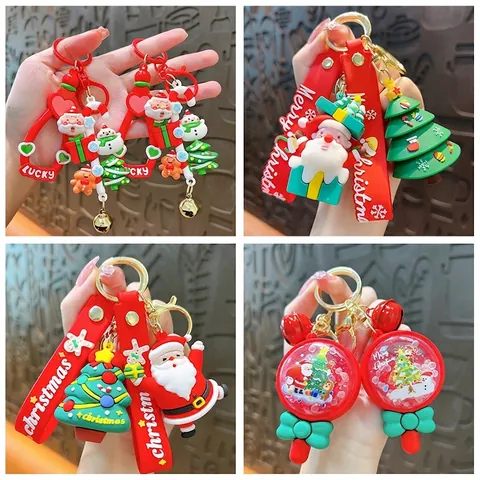 Cute 3D Christmas Santa Claus Christmas Tree Snowman PVC Figures Keychain With Red Silicone Wrist Strap Bag Charm Festive Gift
