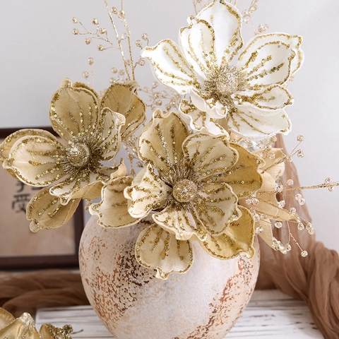 Artificial Christmas Magnolia Flowers Glitter Cloth Large Floral For Holiday Tree Home Wedding Decor