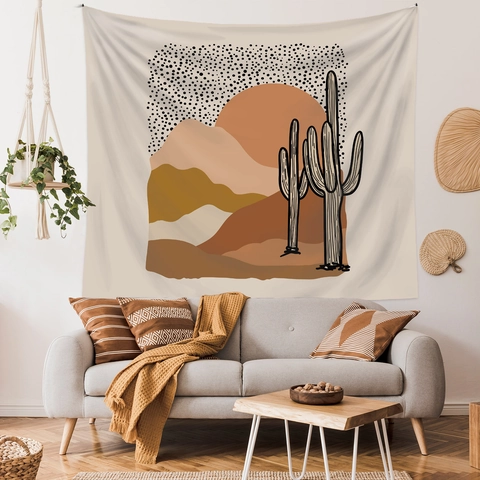 Boho Tapestry Polyester Abstract Desert Cactus Sun Mountain Wall Hanging Decor For Bedroom Living Room