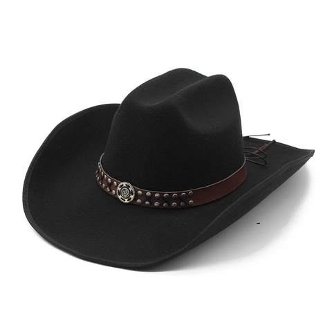 Westerse Cowboyhoed Brede Rand Wolvilt Jazz Fedora Met Leren Band Klinknagels Metalen Gesp Vintage Stijl Voor Heren Dames