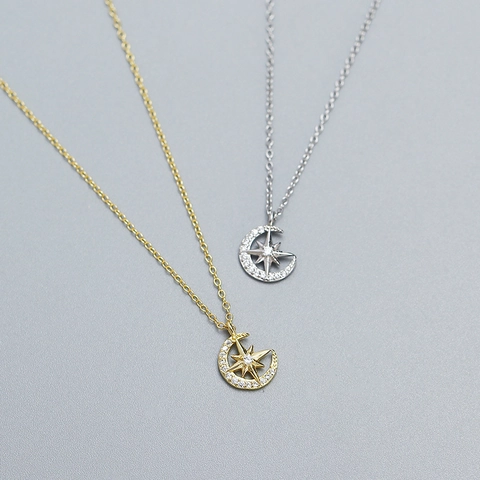Collana Stella E Luna In Argento Sterling 925 Elegante Ciondolo A Mezzaluna E Stella A Otto Punte Per Donna