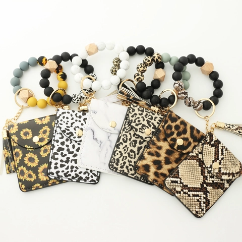Porte-Clés Bracelet Porte-Carte Portefeuille Perles En Silicone Avec Perle En Bois Et Gland En Cuir PU Léopard Marbre