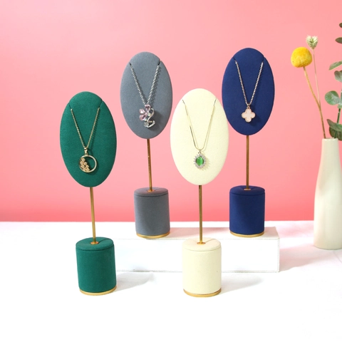 Jewelry Necklace Display Stand Elliptical Microfiber Velvet Pendant Holder With Golden Metal Pole Elegant Showroom Jewelry Rack