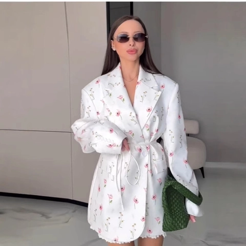 Women Floral Print Blazer Polyester Long Sleeve Tie Waist Notched Lapel Casual Elegant Outerwear
