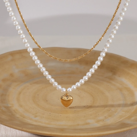 Collana A Doppio Strato Con Pendente A Cuore E Künstliche Perle In Acciaio Inossidabile Gioielli Eleganti Per Donna